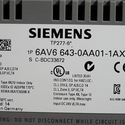 Siemens Panel TP277 -6" 6AV6643-0AA01-1AX0 6AV6 643-0AA01-1AX0