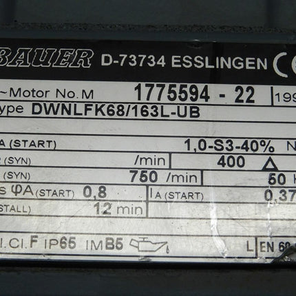 Bauer DWNLFK68/163L-UB 0,37 A / kW / 750 U/min Motor