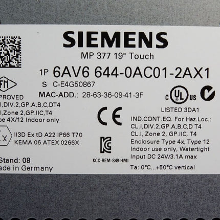 Siemens MP377 19" Touchpanel 6AV6644-0AC01-2AX1 6AV6 644-0AC01-2AX1