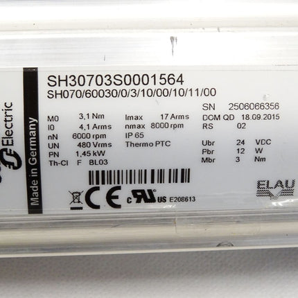 Schneider Electric Servomotor SH30703S0001564 SH070/60030/0/3/10/00/10/11/00 SH3 070 6000-8000rpm 1.45kW