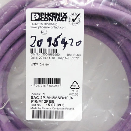 Phoenix Contact 1507395 SAC-2P-M12MSB/10,0-910/M12FSB Bussystem-Kabel / Neu OVP