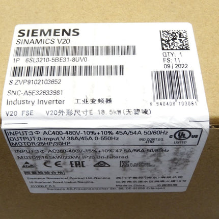 Siemens Sinamics V20 6SL3210-5BE31-8UV0 6SL3 210-5BE31-8UV0 / Neu OVP versiegelt