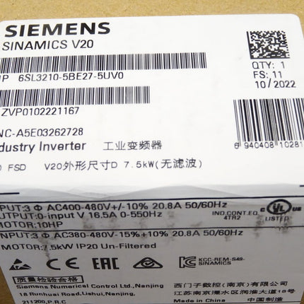 Siemens Sinamics V20 6SL3210-5BE27-5UV0 6SL3 210-5BE27-5UV0 / Neu OVP versiegelt