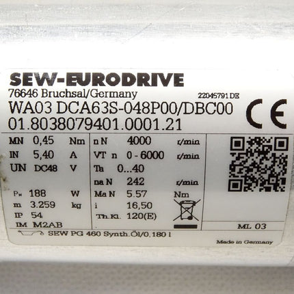 SEW Eurodrive Kleinspannungsantrieb WA03 DCA63S-048P00/DBC00 01.8038079401.0001.21 4000r/min 188W / Neuwertig