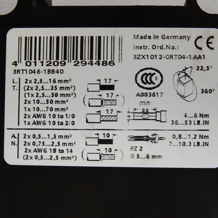 Siemens 3RT1046-1BB40 Leistungsschütz AC-3 95 A, 45 kW