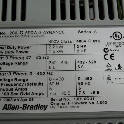 Allen Bradley PowerFlex 70 20AC5P0A0AYNANC0 20A C 5P0 A 0 AYNANC0 2.2kW