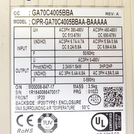 Yaskawa Frequenzumrichter GA700 GA70C4005BBA CIPR-GA70C4005BBAA-BAAAAA 1.5kW-2.2kW