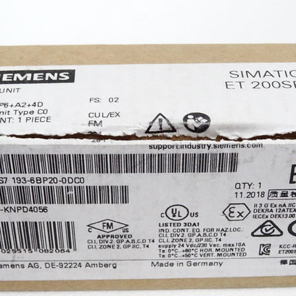 Siemens ET200SP Base Unit 6ES7193-6BP20-0DC0 6ES7 193-6BP20-0DC0 / Neu OVP