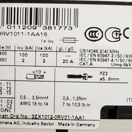 Siemens Sirius 3RV1011-1AA15 Leistungsschalter