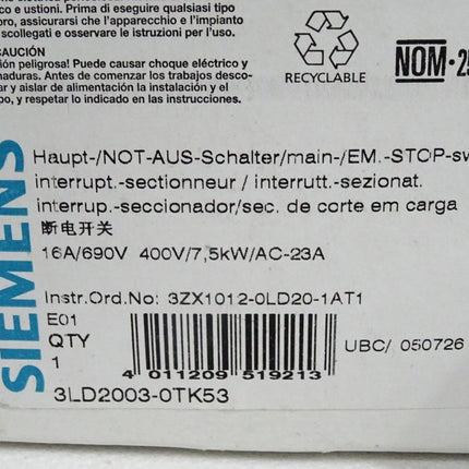 Siemens Haupt-/Not-Aus-Schalter 3LD2003-0TK53 / Neu OVP