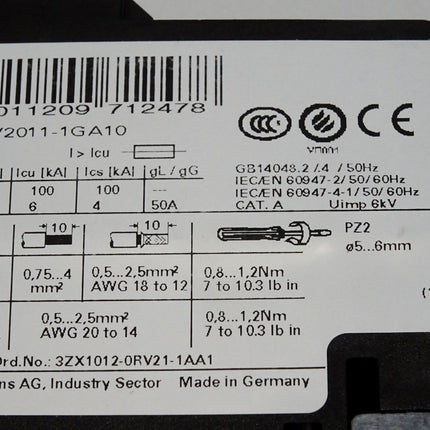 Siemens 3RV2011-1GA10 Leistungsschalter / Unbenutzt