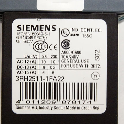 Siemens Hilfsschütz 3RH2122-1BB40 + Hilfsschalter 3RH2911-1FA22 / Unbenutzt