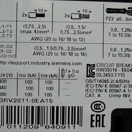 Siemens 3RV2011-0EA15 Leistungsschalter / Neuwertig