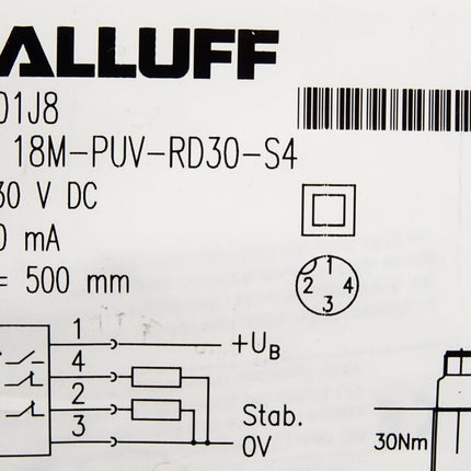 Balluff BOS01J8 BOS18M-PUV-RD30-S4 Lichttaster / Neu OVP