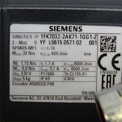 Siemens Simotics Servomotor 1FK7032-2AK71-1QG1-Z 6000min-1