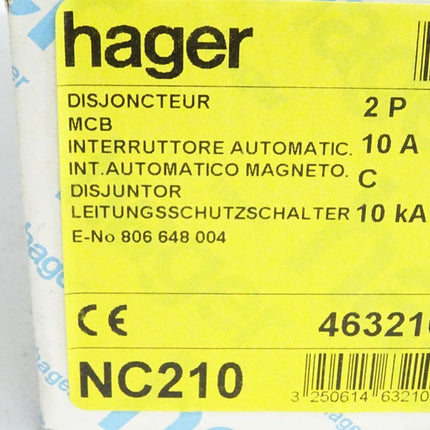 Hager Leitungsschutzschalter NC210 C10 463210 / Inhalt : 1 Stück / Neu