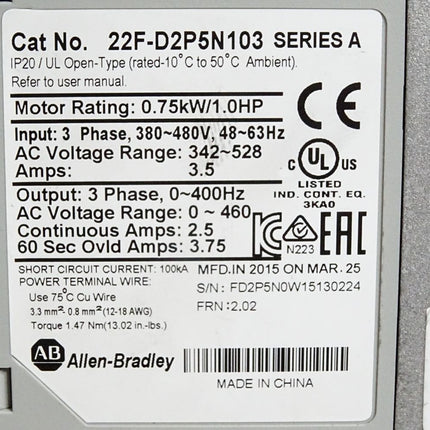 Allen Bradley PowerFlex 4M 22F-D2P5N103 0.75kW