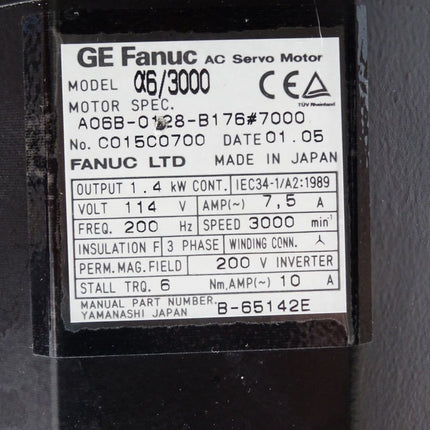 Fanuc Servomotor MDL A6/3000 A06B-0128-B076 #7000 1.4kW 3000 min-1