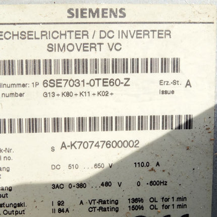 Siemens Wechselrichter Simovert 6SE7031-0TE60-Z G13 K80 K11 K02 mit Optionskarte 6SE7098-2XX84-0AH0 6SE7090-0XX84-0AH2 6SE7090-0XX84-0FF5 6SE7090-0XX84-0KA0 6SE7090-0XX84-0AB0