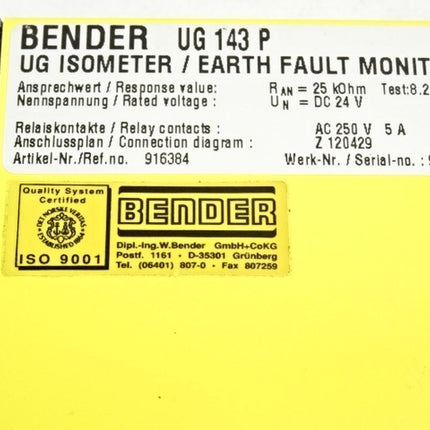 Bender UG143P UG Isometer / UG 143 P Earth Fault Monitor 916384