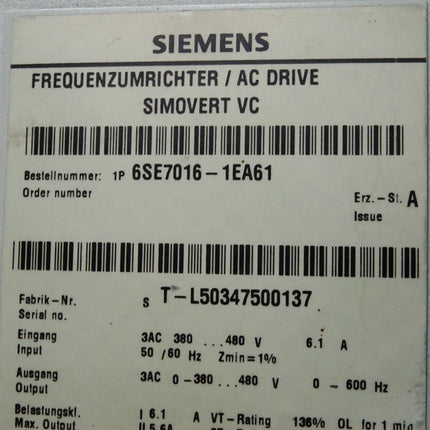 Siemens Frequenzumrichter Simovert MC 6SE7016-1EA61 Masterdrives Motion Control Ohne Optionskarte