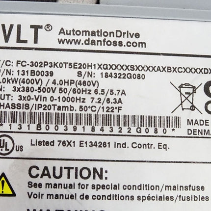 Danfoss VLT Automation Drive 131B0039 3.0kW FC-302P3K0T5E20H1XG