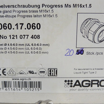 Agro Kabelverschraubung Progress Messing M16x1.5 1060.17.060 / Inhalt:20 Stück / Neu OVP