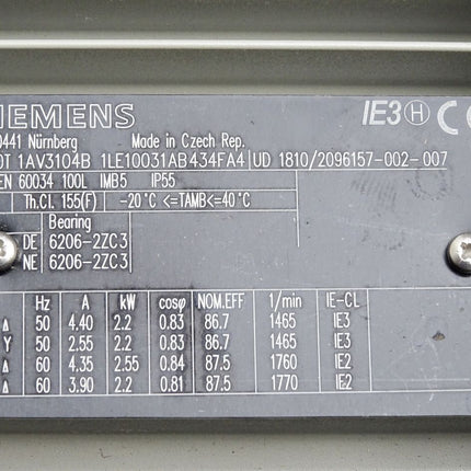 Siemens Getriebemotor 1AV3104B 1LE1003-1AB43-4FA4 2.2kW 1465min-1 Unbenutzt