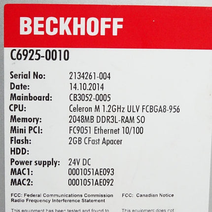 Beckhoff C6925-0010  Lüfterloser Schaltschrank-Industrie-PC mit Compact-Flash-Karte und Lizenz