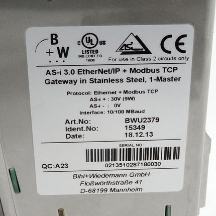 Bihl+Wiedemann AS-i 3.0 Ethernet/IP + Modbus TCP GAteway BWU2379 15349