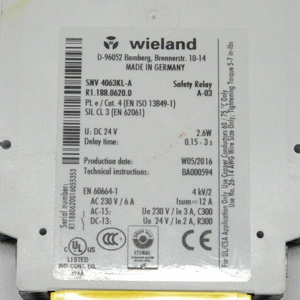 Wieland SNV 4063KL-A Safety Relay A-03 R1188.0620.0 Sicherheitsrelais