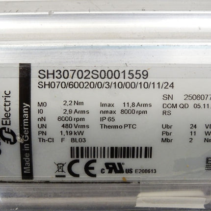 Schneider Electric Servomotor SH30702S0001559 SH070/60020/0/3/10/00/10/11/24 6000-8000rpm 1.19kW SH3 070