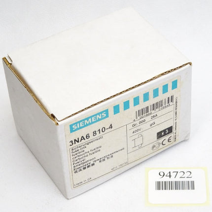 Siemens Sicherungseinsatz 3NA6810-04 25A / Inhalt : 3 Stück / Neu OVP