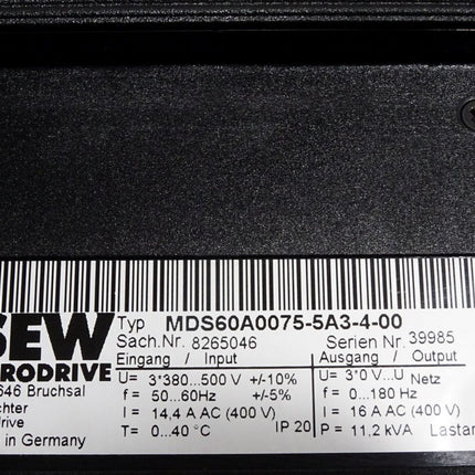 SEW Eurodrive 7.5kW MDS60A0075-5A3-4-00 8265046 Steuerkopf MDS60A-00 8227020  Power Unit MDX60A0075-5A3-4-00 8226849