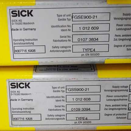 Sick Sicherheitslichtschranke Empfänger + Sender FGSE900-21 1012609 FGSS900-21 1012608 / Neuwertig