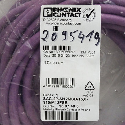 Phoenix Contact 1507405 SAC-2P-M12MSB/15,0-910/M12FSB Bussystem-Kabel / Neu OVP