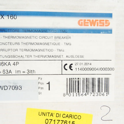 Gewiss Leistungsschalter Thermomagnetische Ausloeser MTX160 63A / GWD7093 / Neu OVP