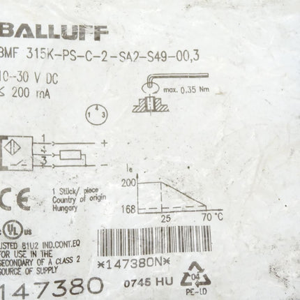 Balluff Sensor 147380 BMF315K-PS-C-2-SA2-S49-00,3 BMF007R / Neu OVP