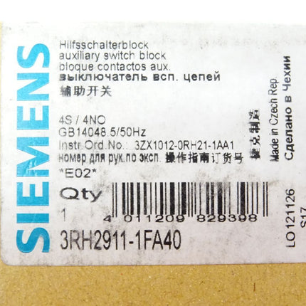 Siemens Hilfsschalterblock 3RH2911-1FA40 / Neu OVP