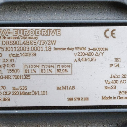 SEW Eurodrive Getriebemotor K57DRS90L4BE5/TF/2W K57 DRS90L4BE5/TF/2W 1400/39r/min 2.2kW i35.70 Unbenutzt