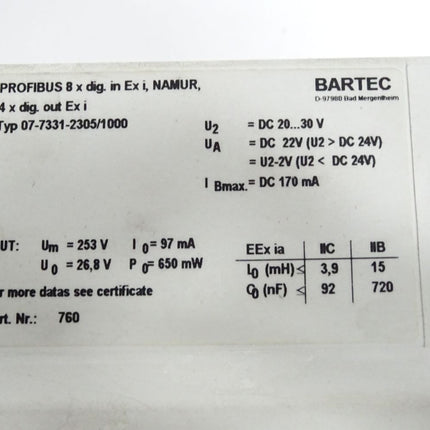 Bartec 07-7331-2305 / 1000 PROFIBUS-Interface 4 x digital out Ex e/8 x digital in Ex i