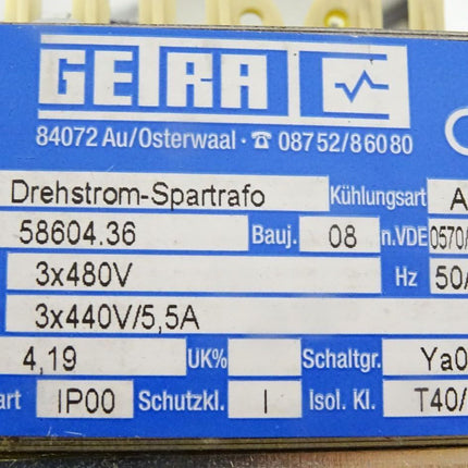 Getra Drehstrom-Spartrafo 58604.36 3x480V auf 3x440V 5.5A 4.19kVA