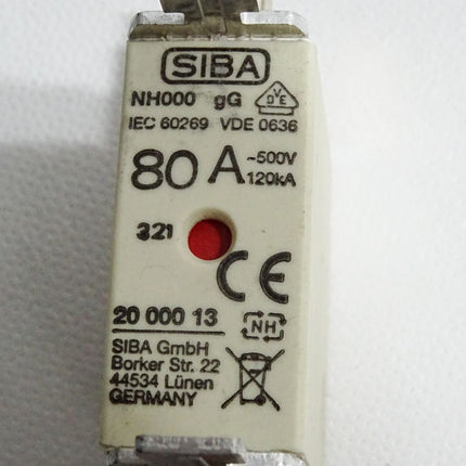 SIBA  Sicherung NH000 gG 80A 500VAC 120kA 2000013 20 000 13