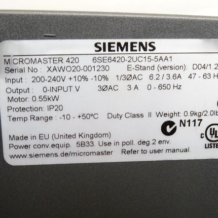 Siemens Micromaster420 6SE6420-2UC15-5AA1 6SE6 420-2UC15-5AA1 0.55kW 6SE6400-2FL01-0AB0