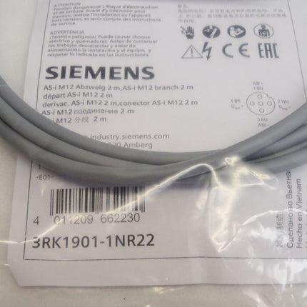 Siemens 3RK1901-1NR22 AS-Interface M12 Abzweig 2m Kabel / Neu OVP