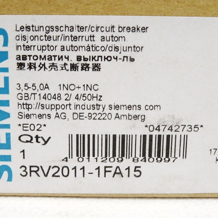 Siemens Leistungsschalter 3RV2011-1FA15 / Neu OVP