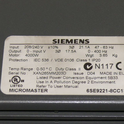 Siemens 6SE9221-8CC13 Micromaster Frequenzumrichter 6SE9 221-8CC13 NEU