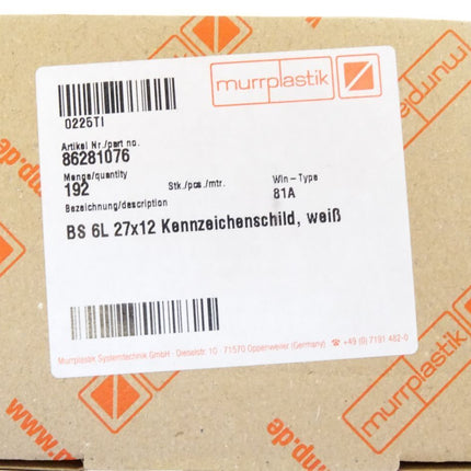 Murrplastik 86281076 BS6L27x12 Kennzeichenschild / Inhalt : 192 Stück / Neu OVP