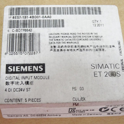 Siemens ET200S 6ES7131-4BD01-0AA0 6ES7 131-4BD01-0AA0 Inhalt:5 Stück / Neu OVP versiegelt