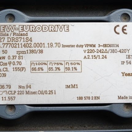 SEW Eurodrive Getriebmotor R27DRS71S4 R27 DRS71S4 0.37kW i36.79 1380/38rpm Unbenutzt